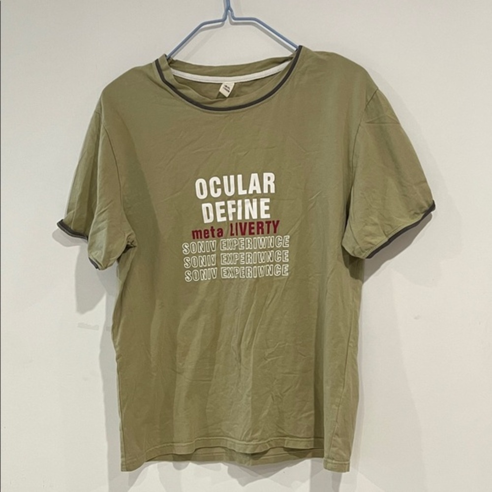 Olive Green Graphic Ringer Tee with Red Accent